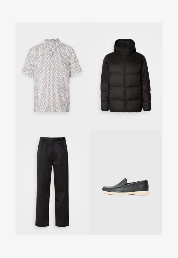 Černá péřová bunda má zipový uzávěr, kapuci, prošívané části a elastické manžety, vyrobená z hladkého, voděodolného materiálu.; Kraťasová košile vyrobená z lehkého materiálu, s geometrickým vzorem v světle šedé a bílé barvě, s límečkem a zapínáním na knoflíky.; Černé kalhoty vyrobené z hladké tkaniny, se zapínáním na přední knoflík, sklady a rovnými nohavicemi. Bez viditelných vzorů nebo doplňků.; Černé kožené mokasíny na klínku s texturovaným povrchem a kontrastní béžovou gumovou podrážkou. Vyznačují se jemným akcentem podél přední části.