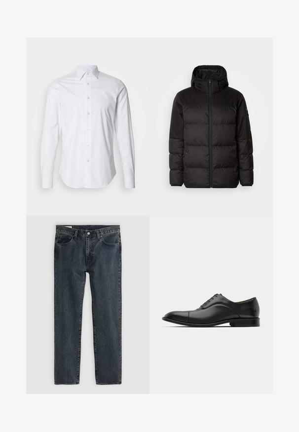 Černá péřová bunda má zipový uzávěr, kapuci, prošívané části a elastické manžety, vyrobená z hladkého, voděodolného materiálu.; Bílá dlouhá košile s malými námořnickými puntíky, se zapínáním na knoflíky, mírným leskem a zakřiveným spodním lemem, standardním zapínáním na knoflíky.; Tmavě modré džíny s rovnými nohavicemi, pěti kapsami a zapínáním na knoflíky. Tkanina vykazuje jemné blednutí a texturu.; Černá kožená společenská obuv s hladkým povrchem, kulatou špičkou a pěti otvory na šněrování. Obsahuje nízký vrstvený podpatek a jemné švy.