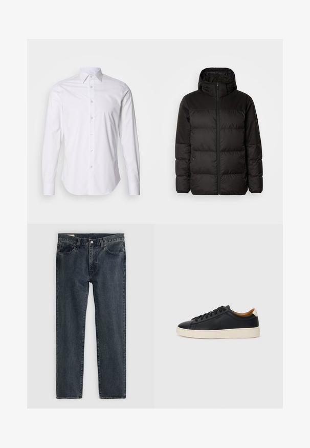 Černá péřová bunda má zipový uzávěr, kapuci, prošívané části a elastické manžety, vyrobená z hladkého, voděodolného materiálu.; Bílá dlouhá košile s malými námořnickými puntíky, se zapínáním na knoflíky, mírným leskem a zakřiveným spodním lemem, standardním zapínáním na knoflíky.; Tmavě modré džíny s rovnými nohavicemi, pěti kapsami a zapínáním na knoflíky. Tkanina vykazuje jemné blednutí a texturu.; Černé kožené tenisky s hladkým povrchem, béžovou gumovou podešví, šněrovacím designem a kontrastním akcentem na patě.