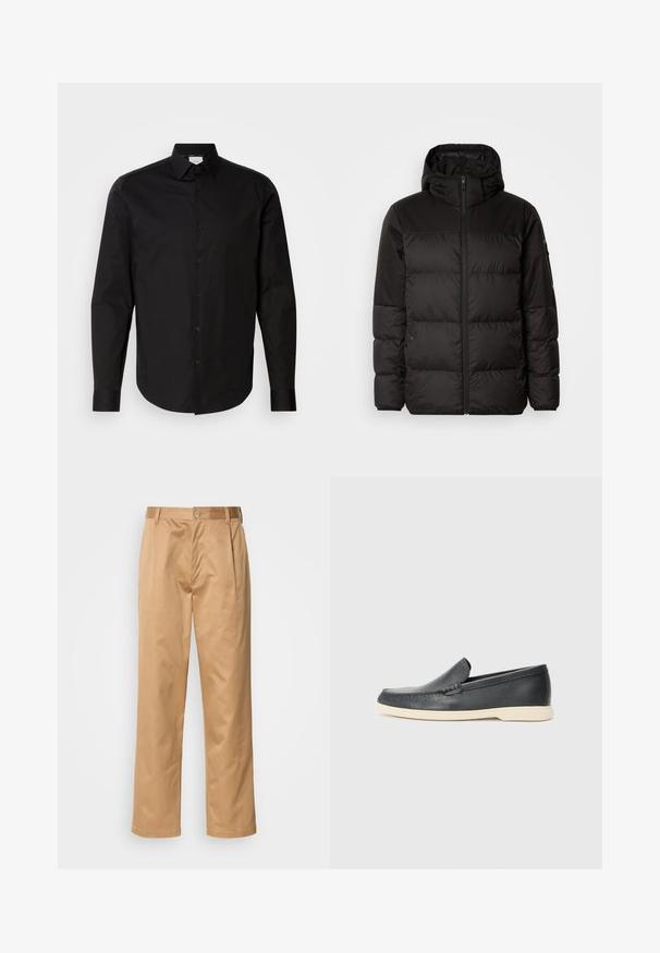 A jaqueta puffer preta apresenta um fecho zip, um capuz, secções acolchoadas e punhos elásticos, confeccionada em um material liso e resistente à água.; Camisa preta de manga longa com botões, feita de tecido de algodão suave. Apresenta um colarinho clássico, botões frontais e uma bainha arredondada.; Calças caqui, mistura de algodão, design de pernas retas, pregas frontais, passantes para cinto e fecho com botão. Textura suave sem padrões.; Mocassins pretos em couro com acabamento texturizado e sola de borracha bege em contraste. Apresenta um detalhe subtil na parte da frente.