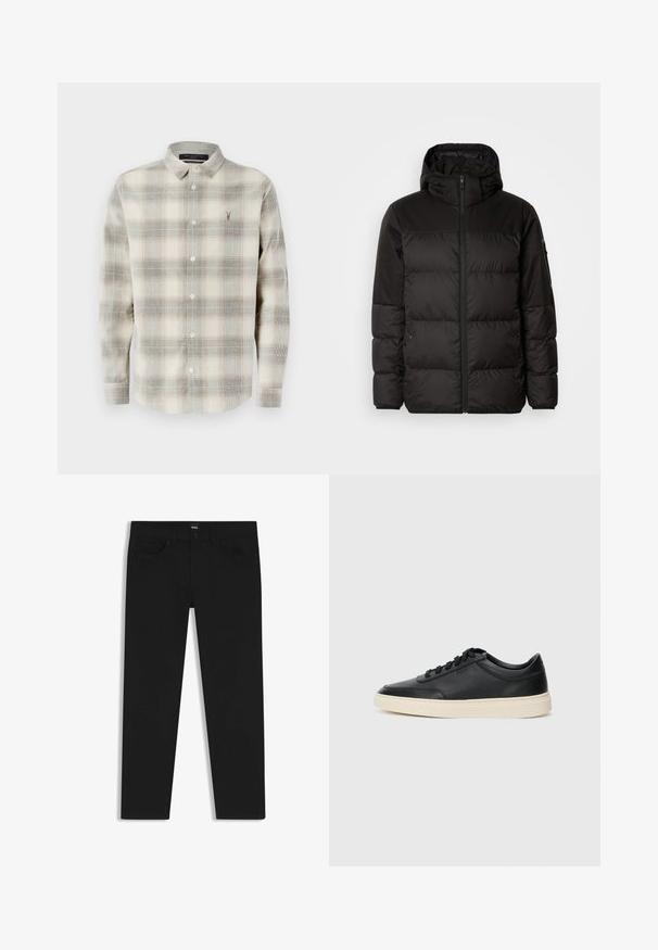 Sort pufferjakke med lynlås, hætte, quiltede sektioner og elastiske manchetter, lavet af et glat, vandafvisende materiale.; Langærmet knap-op skjorte med et beige og gråt ternet mønster, spidse krave og et lille broderet logo på venstre bryst.; Sorte denimbukser med lige pasform, der har en standard talje, fem lommer og en knaplukning. Glat struktur over det hele.; Sort lavt top lædersneaker med sorte snørebånd og off-white sål vist i sideprofil på hvid baggrund.