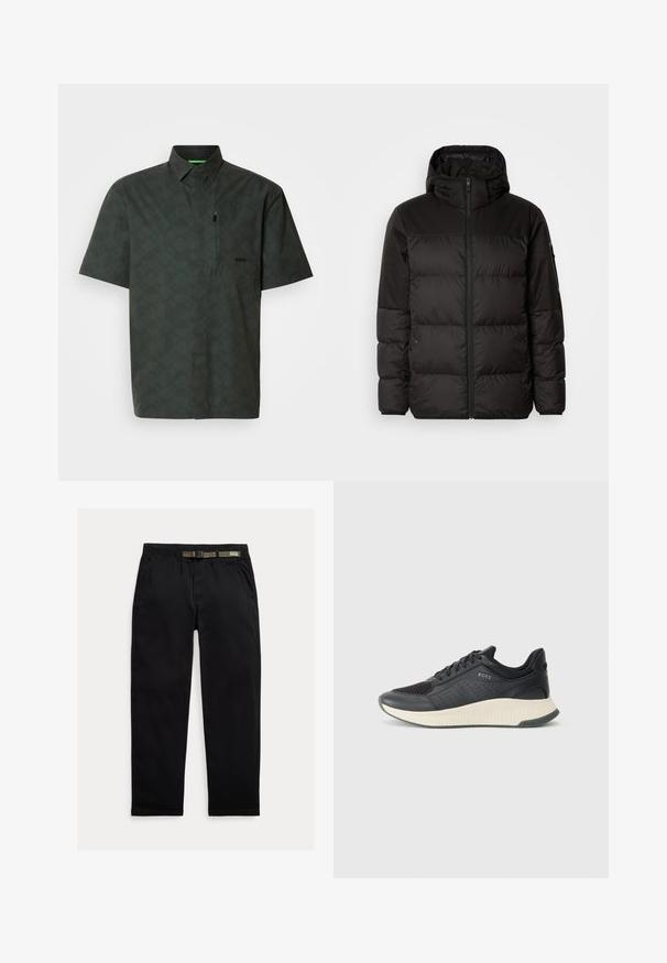 Czarna kurtka puchowa z zapięciem na zamek, kapturem, pikowanymi sekcjami i elastycznymi mankietami, wykonana z gładkiego, wodoodpornego materiału.; Koszula z krótkim rękawem w ciemnozielonym kolorze z geometrycznym wzorem. Posiada kołnierzyk, kieszeń z przodu, akcent w postaci zamka oraz subtelne logo na klatce piersiowej.; Czarne spodnie wykonane z lekkiego materiału, z elastycznym paskiem wbudowanym w zielony pas, prostą nogawką oraz bocznymi kieszeniami.; Czarne sportowe trampki z siateczkową cholewką z perforacjami, teksturowaną podeszwą środkową w kolorze kremowym oraz gumową podeszwą zewnętrzną zapewniającą przyczepność.