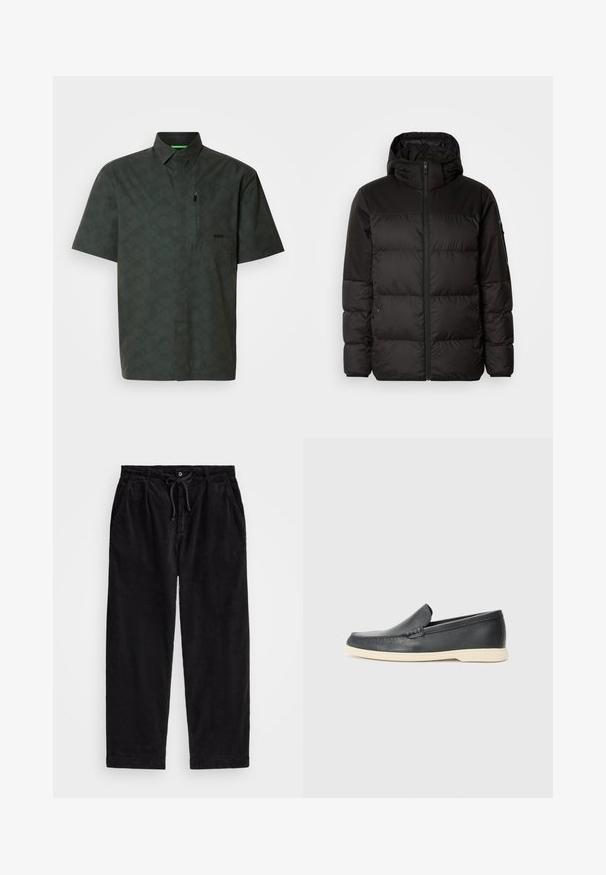 Černá péřová bunda má zipový uzávěr, kapuci, prošívané části a elastické manžety, vyrobená z hladkého, voděodolného materiálu.; Krátký rukáv košile v tmavě zelené barvě s geometrickým vzorem. Má límeček, přední kapsu, zipový detail a jemné logo na hrudi.; Černé kordové kalhoty s volným střihem, vybavené elastickým pasem se šňůrkou a bočními kapsami. Tkanina má jemně rýhovanou strukturu.; Černé kožené mokasíny na klínku s texturovaným povrchem a kontrastní béžovou gumovou podrážkou. Vyznačují se jemným akcentem podél přední části.