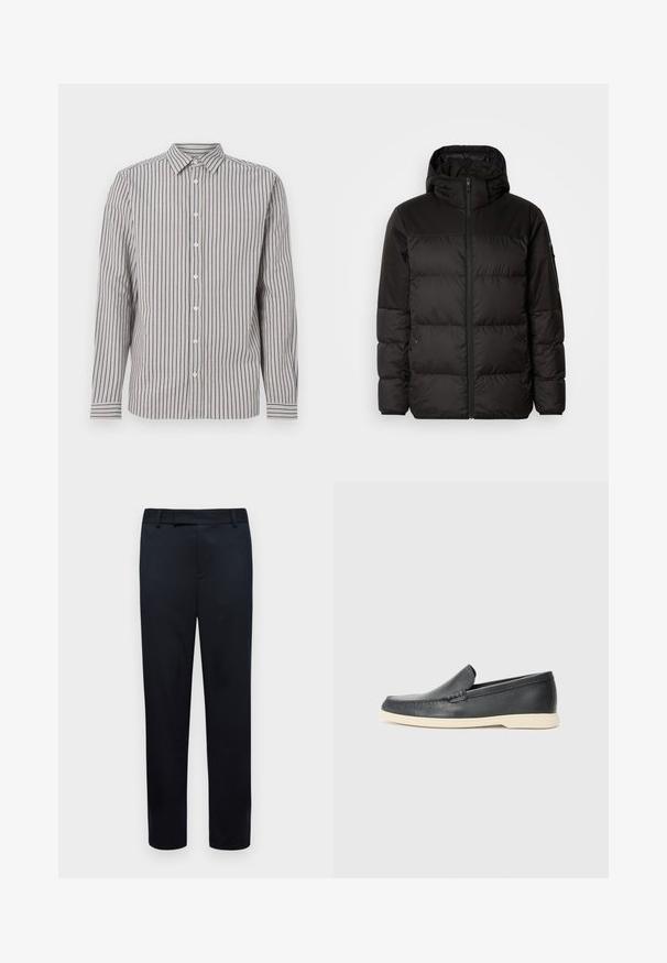 La chaqueta acolchada negra tiene un cierre de cremallera, capucha, secciones acolchadas y puños elásticos, hecha de un material suave y resistente al agua.; Camisa de hombre de manga larga en beis claro con rayas verticales en navy. Cuenta con un cuello puntiagudo y botones blancos en la parte delantera.; Pantalones negros con un ajuste a medida. Presentan una textura suave, lazos para cinturón y aberturas en los bolsillos delanteros. Diseño de pierna recta.; Mocasines de piel negra sin cordones con un acabado texturizado y una suela de goma beige en contraste. Presentan un sutil acento en la parte frontal.