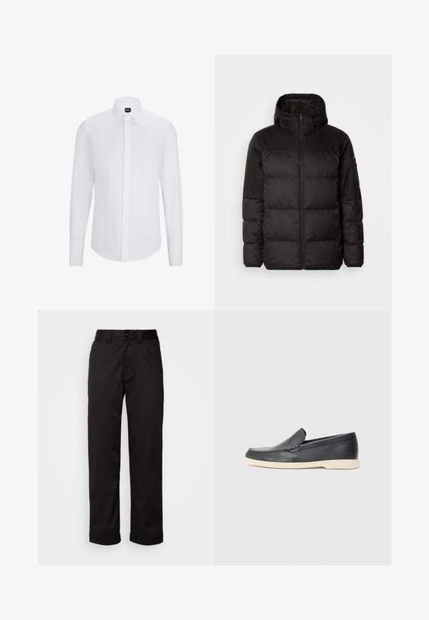 Musta puhvijakku sisältää vetoketjun, hupun, tilkuista koostuvia osioita ja joustavat hihansuut. Se on valmistettu sileästä, vedenpitävästä materiaalista.; Valkoinen pitkähihaisella napilla varustettu kauluspaita, jossa on terävä kaulus, valmistettu sileästä kankaasta, etuosassa nappilista ja pyöristetty helma.; Mustat housut, jotka on valmistettu sileästä kankaasta. Ne sisältävät vetoketjukiinnityksen, napin sulkemisen sekä käärityt lahkeet rentoa muotoilua varten.; Mustat nahkakengät ilman nauhoja, joissa on teksturoitu pinta ja kontrastoiva beige kumipohja. Kengissä on hillitty yksityiskohta etuosassa.