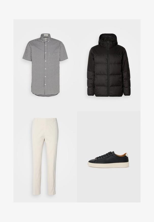 A fekete steppelt dzseki cipzáros záródással, kapucnival, steppelt részekkel és rugalmas mandzsettákkal rendelkezik, sima, vízálló anyagból készült.; Félhosszú ujjú, gombos ing fekete-fehér kockás mintával, pamut anyagból, hegyes gallérral és mellzseb részlettel.; Krém színű, testhezálló nadrág, texturált anyagból. Egyenes szárú kialakítással, övhurkokkal és két elülső zsebből áll. Mintázat nélküli.; Fekete bőr sportcipők sima felülettel, bézs gumitalppal, fűzős dizájnnal és kontrasztos sarkú akcentussal.