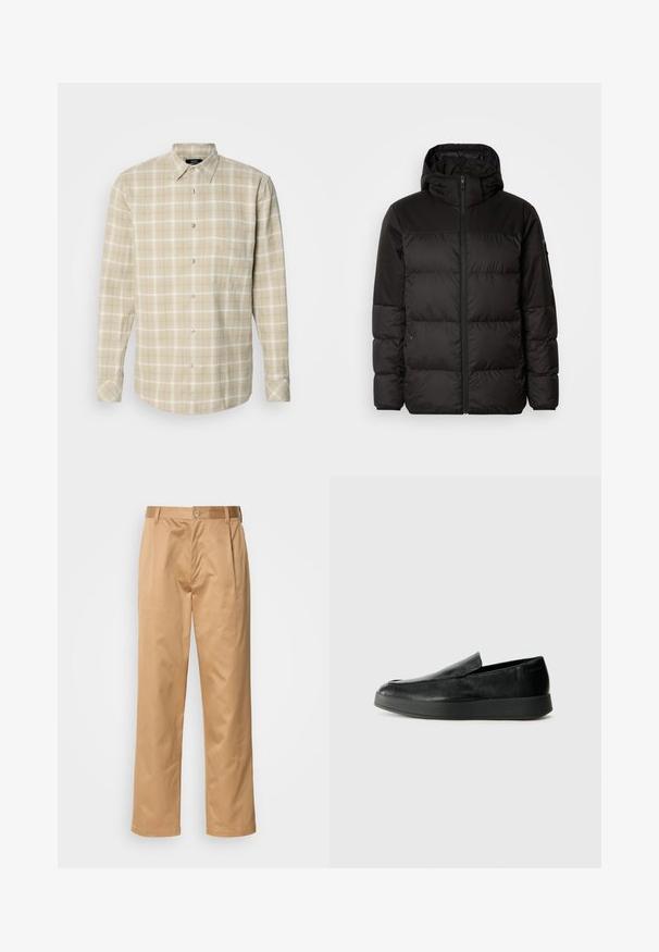 A jaqueta puffer preta apresenta um fecho zip, um capuz, secções acolchoadas e punhos elásticos, confeccionada em um material liso e resistente à água.; Mads Nørgaard ALASKA CHECK SUNE SHIRT - Camisa - vanilla ice/silver sage; Calças caqui, mistura de algodão, design de pernas retas, pregas frontais, passantes para cinto e fecho com botão. Textura suave sem padrões.; Calvin Klein HYBRID CUP - Sapatos sem atacadores - triple black