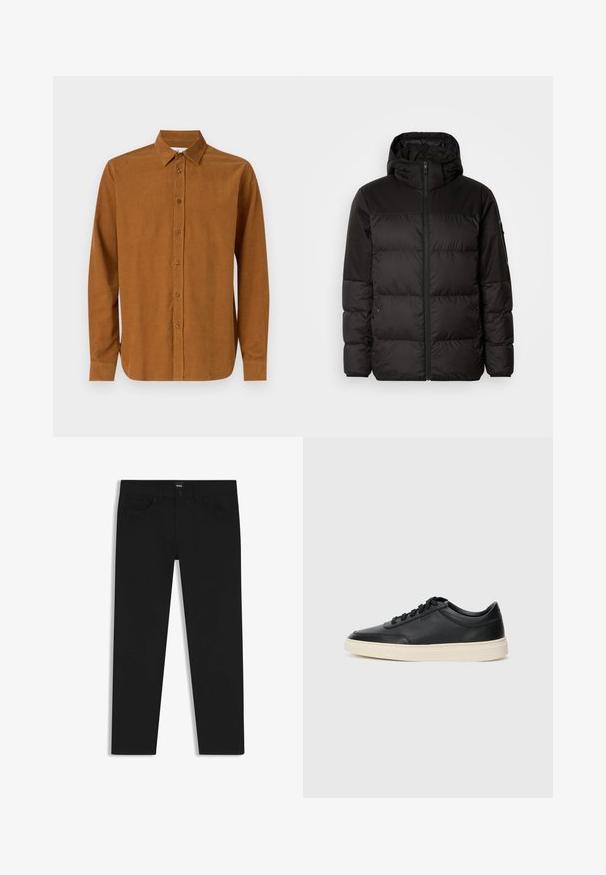 Schwarze Pufferjacke mit Reißverschluss, Kapuze, gesteppten Abschnitten und elastischen Bündchen, hergestellt aus einem glatten, wasserabweisenden Material.; Braun langärmliges Hemd mit Knopfleiste, aus glattem Stoff gefertigt, mit einem klassischen Kragen und sieben Frontknöpfen, sowie mit geraden Manschettenärmeln.; Schwarze Denim-Hosen mit geradem Schnitt, ausgestattet mit einem Standardbund, fünf Taschen und einem Knopfverschluss. Angenehme, glatte Textur.; Schwarzer niedriger Ledersneaker mit schwarzen Schnürsenkeln und cremefarbenem Sohlenrand, seitlich auf weißem Hintergrund dargestellt.