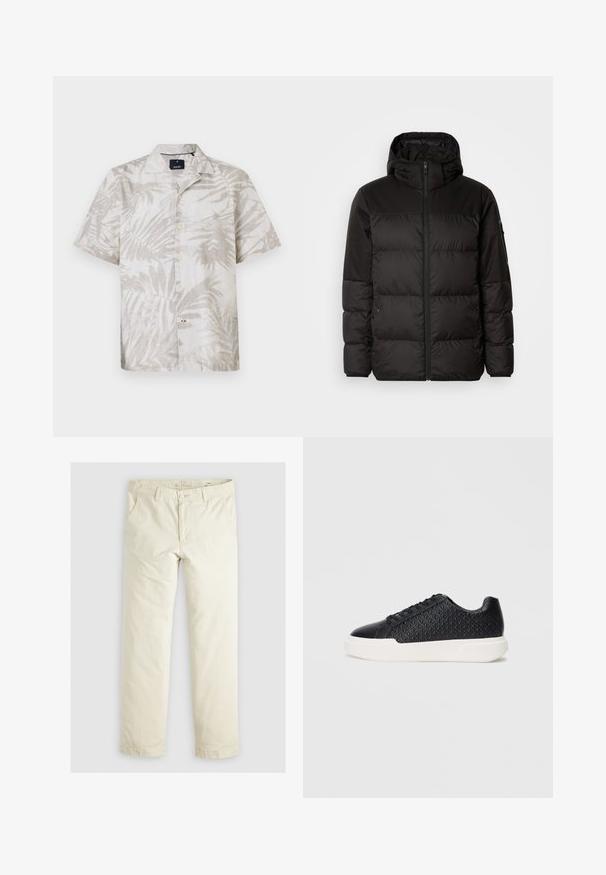 Melna pūkainā jakā iezīmes ir rāvējslēdzēja aizdare, kapuce, kvadrātveida šuves un elastīgas aproces, izgatavota no gludas, ūdensizturīgas vielas.; Īsām piedurknēm palmām rakstots krekls gaismas bejā linu, ar izgriezto apkakli un pogu aizdari. Subtilas lapu dizains uz auduma.; Gaiši beigu brīvi pieguļoši bikses ar trim kabatām, jostu cilpām un taisnu kāju dizainu. Izgatavotas no mīksta kokvilnas auduma maisījuma.; Melnas kedas ar ģeometrisku tekstūru sānos, gluda purngala daļa un balta gumijas zole. Iedarbojas ar apaļām auklām un zemu apavu dizainu.