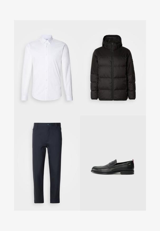 A fekete steppelt dzseki cipzáros záródással, kapucnival, steppelt részekkel és rugalmas mandzsettákkal rendelkezik, sima, vízálló anyagból készült.; Fehér, hosszú ujjú, gombos ing, sima pamut anyagból készült, klasszikus gallérral, gombos záródással és ívelt alsó résszel.; Sötétkék, sima anyagból készült, testre szabott nadrág, cipzáros zsebbel, egyenes lábakkal és gombos záródással a derék részen.; Fekete bőrcipők, texturált elülső részel és sima oldalakkal. Karcsú sarokkal és hátsó hurkkal könnyű felvételhez. Klasszikus dizájn.