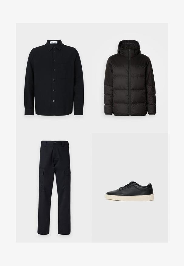 Čierna prešívaná bunda má zips, kapucňu, prešívané sekcie a elastické manžety, vyrobená z hladkého, vodeodolného materiálu.; Čierna košeľa s gombíkmi, s límcom, jednou náprsní vreckom, dlhými rukávmi a rovnom lemom. Vyrobená z textúrovanej tkaniny.; Čierne cargo nohavice vyrobené z odolnej tkaniny, s rovnými nohavicami, dvoma bočnými vreckami a zapínaním na gombík v páse.; Čierne nízkoprevádzkové kožené tenisky s čiernymi šnúrkami a krémovou podrážkou zobrazené v bočnom profile na bielom pozadí.