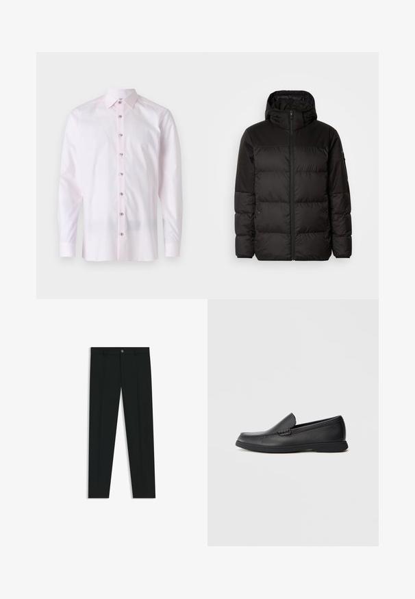 Zwarte pufferjas met ritsluiting, een capuchon, gequiltte secties en elastische manchetten, gemaakt van een glad, waterafstotend materiaal.; Lichtroze langemouwen shirt van gladde stof. Voorzien van een puntkraag en een knoopsluiting aan de voorkant met contrasterende knopen.; Zwarte dresspants met een recht pasvorm, gemaakt van een gladde stof. Heeft een sluiting met een knoop aan de voorkant en ceintuurlussen. Effen zonder patronen.; Zwarte leren instaploafer met een textuur bovenwerk, ronde neus, lage hak en rubberen zool, weergegeven in zijprofiel op een witte achtergrond.