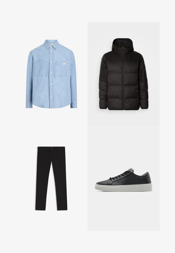 Black puffer jacket features a zip closure, a hood, quilted sections, and elastic cuffs, made from a smooth, water-resistant material.; Light blue button-up shirt made of denim fabric, featuring a pointed collar, two chest pockets, and a small logo label on the left pocket.; Black trousers made of fabric with a smooth texture. Features a button closure, belt loops, and side pockets. Standard straight-leg design.; Black leather sneaker with a smooth texture, round toe, and black laces. Features a thick, white rubber sole with subtle geometric accents.