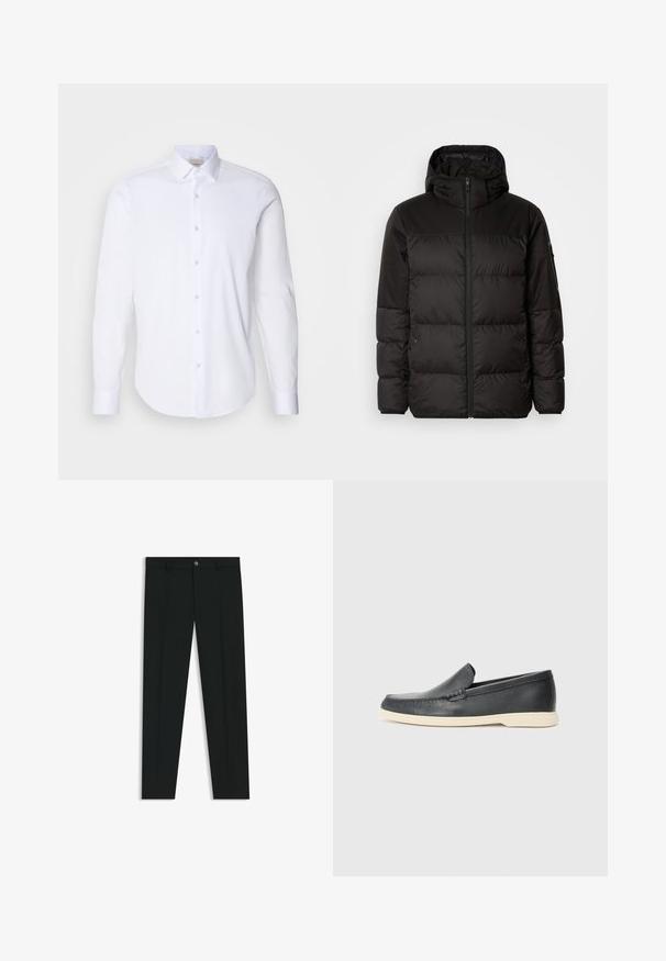 Black puffer jacket features a zip closure, a hood, quilted sections, and elastic cuffs, made from a smooth, water-resistant material.; White long-sleeve shirt made of smooth cotton fabric. Features a pointed collar, a button-down front, and rounded hem. No patterns or accents.; Black dress pants with a straight-leg design, made of smooth fabric. Features a front button closure and belt loops. Plain without patterns.; Black leather slip-on loafers with a textured finish and a contrasting beige rubber sole. Features a subtle accent along the front.