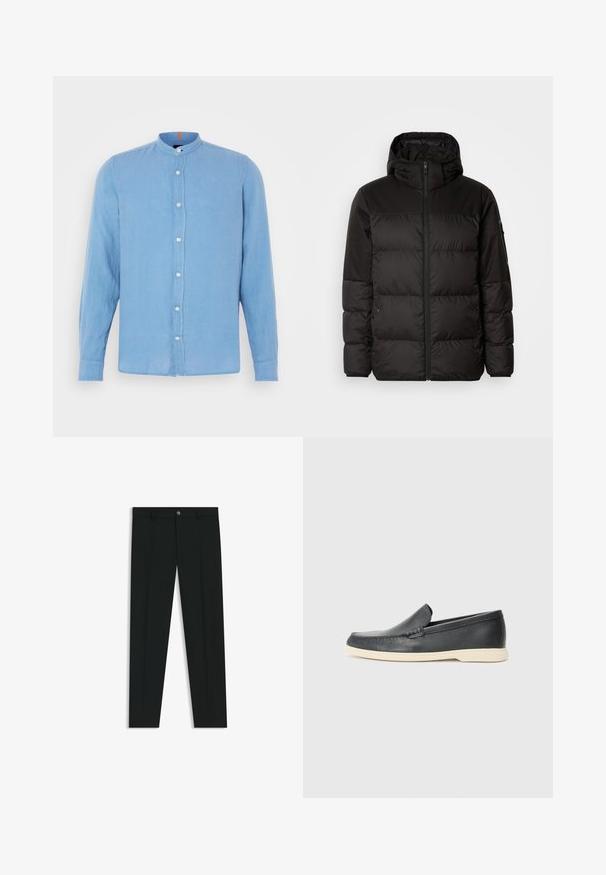 Zwarte pufferjas met ritsluiting, een capuchon, gequiltte secties en elastische manchetten, gemaakt van een glad, waterafstotend materiaal.; Lichtblauw longsleeve shirt met een bandkraag, knoopsluiting aan de voorkant en kleine witte knopen; gemaakt van een zachte, textuur stof.; Zwarte dresspants met een recht pasvorm, gemaakt van een gladde stof. Heeft een sluiting met een knoop aan de voorkant en ceintuurlussen. Effen zonder patronen.; Zwarte leren instappers met een gestructureerde afwerking en een contrasterende beige rubberen zool. Beschikt over een subtiele accent langs de voorkant.