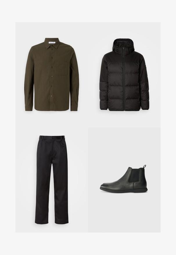 Čierna prešívaná bunda má zips, kapucňu, prešívané sekcie a elastické manžety, vyrobená z hladkého, vodeodolného materiálu.; Olivovo zelená košeľa s dlhým rukávom vyrobená z jemného materiálu, s golierom na gombíky, prednou vreckom a gombíkovou légou s tmavými gombíkmi.; Čierne nohavice vyrobené z hladkej látky, s predným zapínaním na gombík, s plisovaním a rovnými nohavicami. Žiadne viditeľné vzory ani akcenty.; Čierne kožené členkové topánky s hladkou štruktúrou, elastickými bočnými panelmi a pútkom na zadnej strane. Zaoblená špička a gumová podrážka.