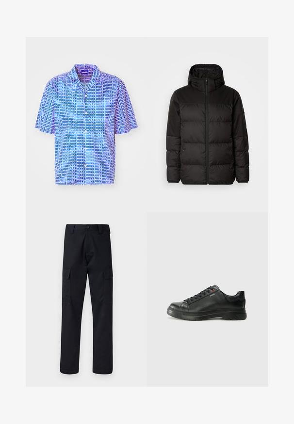 A fekete steppelt dzseki cipzáros záródással, kapucnival, steppelt részekkel és rugalmas mandzsettákkal rendelkezik, sima, vízálló anyagból készült.; HUGO ELIGINO - Ing - open blue; Fekete cargo nadrág, tartós anyagból készült, egyenes szárú fazonnal, két oldalsó zsebbel és gombos záródással a derékon.; Fekete bőr sportcipő, textúrált felsőrésszel, párnázott bokarésszel és piros logóval. Vastag gumitalppal rendelkezik, amely jellegzetes futási mintázattal bír.