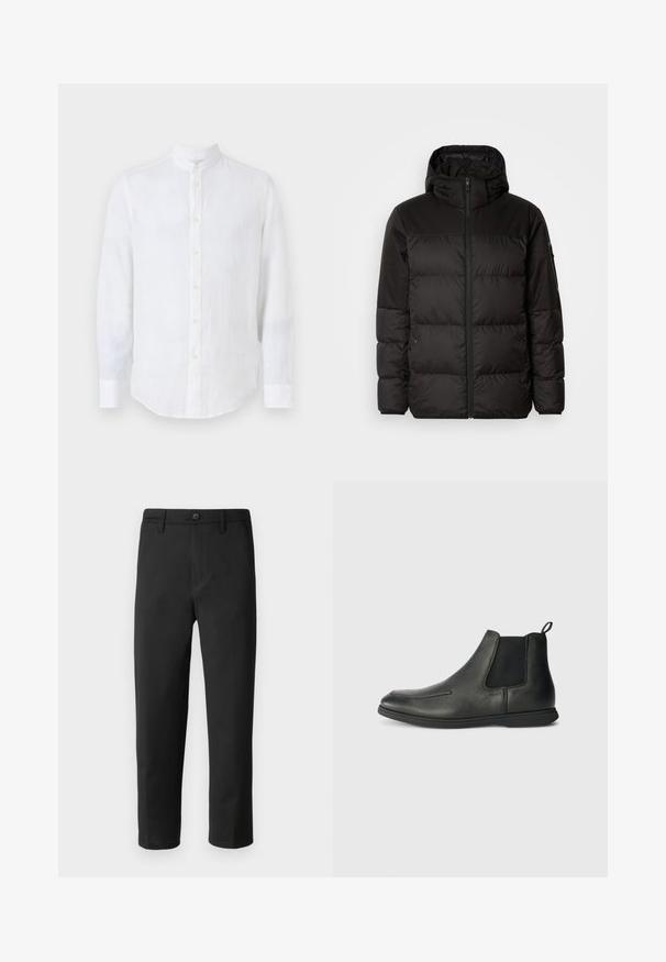 La doudoune noire est dotée d'une fermeture éclair, d'une capuche, de sections matelassées et de poignets élastiques, fabriquée à partir d'un matériau lisse et résistant à l'eau.; Chemise en lin blanc avec un col mandarin. Dispose de manches longues, d'une fermeture à boutons sur le devant et d'un ourlet arrondi. Texture subtile.; Pantalons noirs avec une coupe droite, fabriqués dans un tissu lisse. Dotés d'une fermeture à bouton et de passants de ceinture. Aucune motif ou accent visible.; Bottines en cuir noir avec une texture lisse, des panneaux élastiques sur les côtés et une languette à l'arrière. Bout arrondi et semelle en caoutchouc.