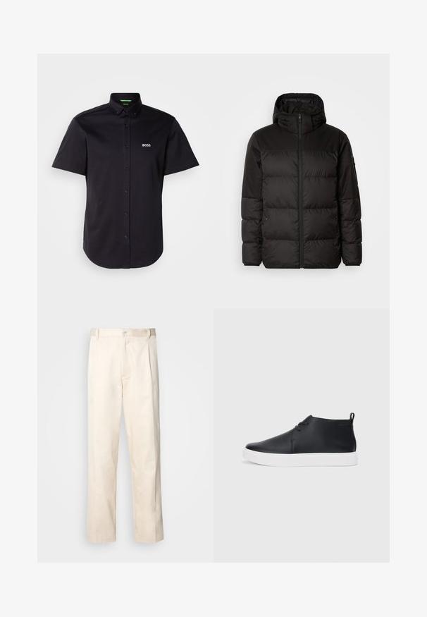 Čierna prešívaná bunda má zips, kapucňu, prešívané sekcie a elastické manžety, vyrobená z hladkého, vodeodolného materiálu.; Čierna krátkopyjová košeľa vyrobená z bavlny, s golierom na gombíky, diskrétnym logom na hrudi a klasickým rovním lemom.; Béžové bavlnené nohavice so strihom rovného nohu, s gombíkovým zapínaním a záhybmi vpredu pre pridanie detailu.; Čierne kožené vysoké tenisky s hladkým povrchom, biela gumová podrážka a jednoduchý dizajn na šnurovanie. Obsahujú úchytku na zadnej strane.