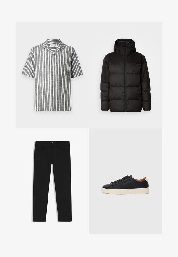 Zwarte pufferjas met ritsluiting, een capuchon, gequiltte secties en elastische manchetten, gemaakt van een glad, waterafstotend materiaal.; Kortlijnhemd in een grijs-wit verticale streep patroon, met een knoopsluiting aan de voorkant en een zak aan de linkerkant. Gemaakt van een getextureerde stof.; Zwarte denim broek met een rechte snit, voorzien van een standaard tailleband, vijf zakken en een knoopsluiting. Gladde textuur overal.; Zwarte leren sneakers met een gladde textuur, beige rubberen zool, vetersluiting en een contrasterende hielaccent.