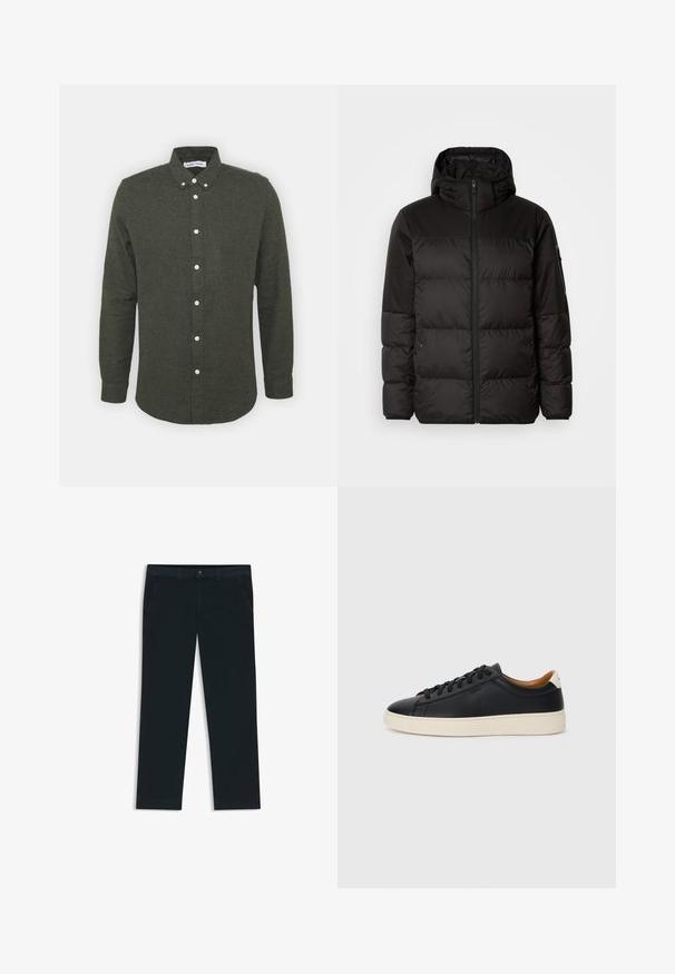 Sort pufferjakke med lynlås, hætte, quiltede sektioner og elastiske manchetter, lavet af et glat, vandafvisende materiale.; Mørkegrøn skjorte med knapper, krave, lange ærmer og hvide knapper. Blødt, struktureret stof med en svagt buet nederkant.; Mørkeblå chinos lavet af en bomuldsblanding. Har bæltestropper, forreste lommer og en lynlås med knaplukning.; Sorte lædersneakers med en glat overflade, beige gummisål, snørebåndsdesign og en kontrastfarvet hæl.