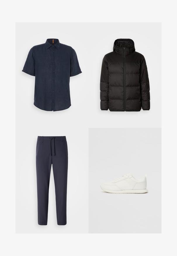 Črna zimska jakna ima zadrgo, kapuco, prešite odseke in elastične manšete, izdelana je iz gladkega, vodoodpornega materiala.; Kratki rokav, temno nebesno modra lanena srajca, z gumbi spredaj, s koničastim ovratnikom in subtilnim oranžnim poudarkom na vratu. Mehka tekstura in sproščen kroj.; Mornarske jogger hlače z elastičnim pasom in vrvico. Narejene iz gladkega materiala, imajo zožane noge in brez vidnih žepov.; Bela tenisa z mrežasto in sintetično zgornjo plastjo, okroglo oblikovano prstno območje, ravne vezalke in teksturirana stranska črta. Gumijast podplat z zanko na hrbtni strani.