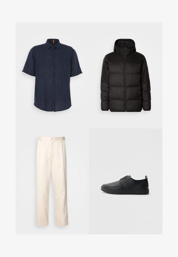 A jaqueta puffer preta apresenta um fecho zip, um capuz, secções acolchoadas e punhos elásticos, confeccionada em um material liso e resistente à água.; Camisa de manga curta em linho azul-marinho escuro, com frente abotoada, gola apontada e um subtil destaque laranja na gola. Textura suave e ajuste casual.; Calças de algodão bege com corte reto, apresentando um fecho de botão e pregas na frente para um detalhe adicional.; Sapatilha de couro preta com um acabamento liso, bico arredondado, costura ton sur ton, frente com atacadores e sola plana de borracha. Alça no calcanhar.