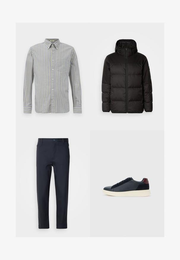 Czarna kurtka puchowa z zapięciem na zamek, kapturem, pikowanymi sekcjami i elastycznymi mankietami, wykonana z gładkiego, wodoodpornego materiału.; Koszula z guzikiem w niebieskim materiale w cienkie żółte paski, z kołnierzykiem, długimi rękawami i kieszenią na piersi. Wykończona białymi guzikami.; Niebieskie garniturowe spodnie wykonane z gładkiego materiału, z zapinaną na zamek kieszenią, prostymi nogawkami i zapięciem na guzik w pasie.; Niskie męskie sneakersy z czarnej skóry i zamszu, z bordową pętlą na pięcie i białą gumową podeszwą, widziane z zewnętrznej strony.