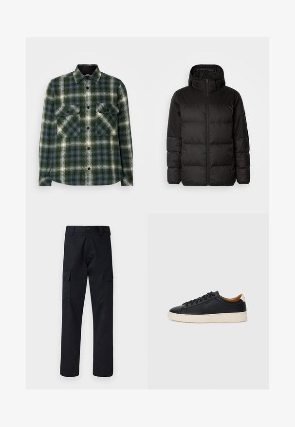 Juodas pūkinis švarkas turi užtrauktuką, gobtuvą, siūlinčius skyrius ir elastinius rankogalius, pagamintas iš lygaus, vandeniui atsparaus medžiagos.; Tamsiai žalios ir pilkos plaidinės raštos flanelinė marškinė. Sukurtos su dviem krūtinės kišenėmis, juodais mygtukais ir klasikiniu apykakle. Švelni tekstūra.; Juodi cargo kelnės, pagamintos iš tvirto audinio, su tiesiu kirpimu, dviem šoninėmis kišenėmis ir mygtukiniu užsegimu juosmenyje.; Juodos odinės sportbačiai su lygiu paviršiumi, smėlio spalvos guminis padas, raišteliais užsegama konstrukcija ir kontrastingas kulno akcentas.