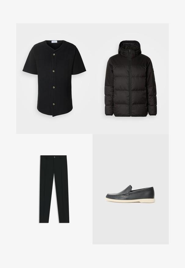 Czarna kurtka puchowa z zapięciem na zamek, kapturem, pikowanymi sekcjami i elastycznymi mankietami, wykonana z gładkiego, wodoodpornego materiału.; Les Deux BARRY czarny; Czarne spodnie materiałowe z prostymi nogawkami, wykonane z gładkiego materiału. Posiadają zamek na guzik z przodu oraz szlufki na pasek. Gładkie, bez wzorów.; Czarne skórzane slip-ony w stylu loafers z teksturowanym wykończeniem i kontrastującą beżową gumową podeszwą. Posiadają delikatny akcent wzdłuż przodu.