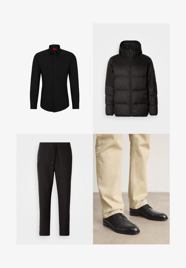 Černá péřová bunda má zipový uzávěr, kapuci, prošívané části a elastické manžety, vyrobená z hladkého, voděodolného materiálu.; Černá košile s dlouhým rukávem a zapínáním na knoflíky, klasickým límcem a zaobleným spodním lemem; má černé knoflíky a červené logo uvnitř límce.; Černé teplákové kalhoty vyrobené z hladké látky. Mají elastický pas se šňůrkou, zúžené nohavice a žádné viditelné kapsy. Jednoduchý design.; Černé kožené šněrovací boty s kulatou špičkou, hladkým povrchem a jemnými švy, nošené s světlými béžovými kalhotami.