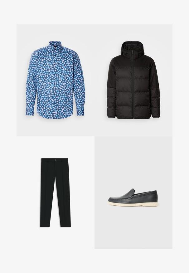 Il giubbotto puffo nero presenta una chiusura con zip, un cappuccio, sezioni trapuntate e polsini elastici, realizzato in un materiale liscio e resistente all'acqua.; Camicia a maniche lunghe in tessuto blu scuro con un motivo floreale sparso in azzurro chiaro e bianco, dotata di colletto a punta e chiusura con bottoni.; Pantaloni neri in tessuto lisci, con design a gamba dritta. Presentano una chiusura frontale con bottone e passanti per cintura. Senza fantasie.; Mocassini neri in pelle con finitura testurizzata e suola in gomma beige a contrasto. Presentano un accento sottile lungo la parte anteriore.