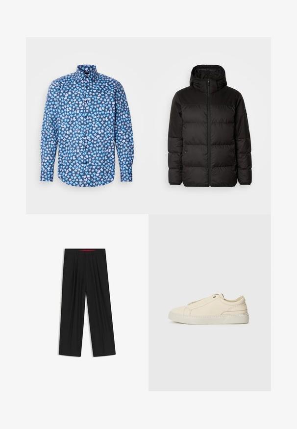 Czarna kurtka puchowa z zapięciem na zamek, kapturem, pikowanymi sekcjami i elastycznymi mankietami, wykonana z gładkiego, wodoodpornego materiału.; Koszula z długim rękawem w ciemnoniebieskim kolorze, z rozproszonym jasnoniebieskim i białym wzorem kwiatowym, z kołnierzykiem ogonowym i zapięciem na guziki z przodu.; Czarne spodnie szerokie o płaskim przodzie, z dwoma bocznymi kieszeniami, plisowanym wzorem i kontrastującym czerwonym wnętrzem pasa.; Beżowe skórzane sneakersy z zaokrąglonym noskiem, minimalistycznym designem, subtelnymi przeszyciami i teksturowaną cholewką, na jasnej podeszwie.