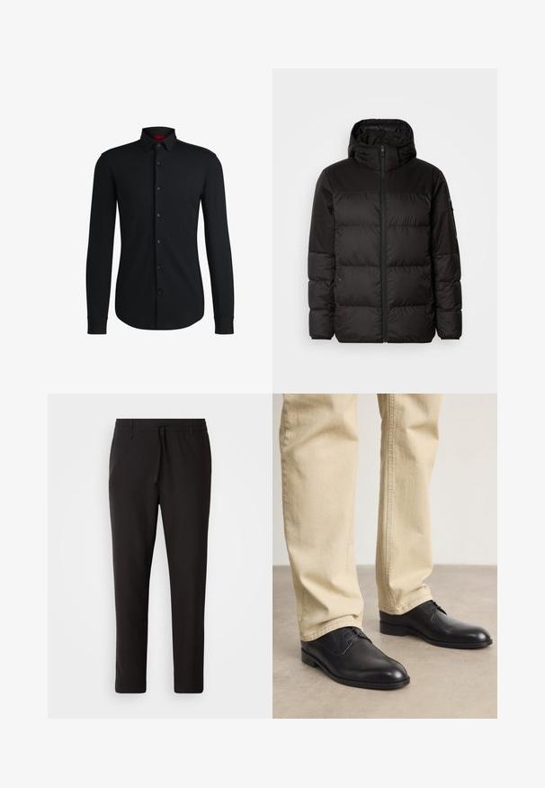Μαύρο μπουφάν με φερμουάρ, κουκούλα, παραγεμισμένα τμήματα και ελαστικές μανσέτες, κατασκευασμένο από λείο, αδιάβροχο υλικό.; Μαύρη πουκαμίσα με μακριά μανίκια και κολάρο με κουμπάκια, γυαλιστερά κουμπιά μπροστά και στενή εφαρμογή, κατασκευασμένη από λείο, ελαφρύ ύφασμα.; Μαύρο παντελόνι τζόγκινγκ φτιαγμένο από λείο ύφασμα. Διαθέτει ελαστική μέση με κορδόνι, κωνικά πόδια και χωρίς ορατές τσέπες. Απλός σχεδιασμός.; Μαύρα δερμάτινα παπούτσια με κορδόνια και στρογγυλή μύτη, με λεία επιφάνεια και διακριτές ραφές, φορεμένα με ανοιχτό μπεζ παντελόνι.