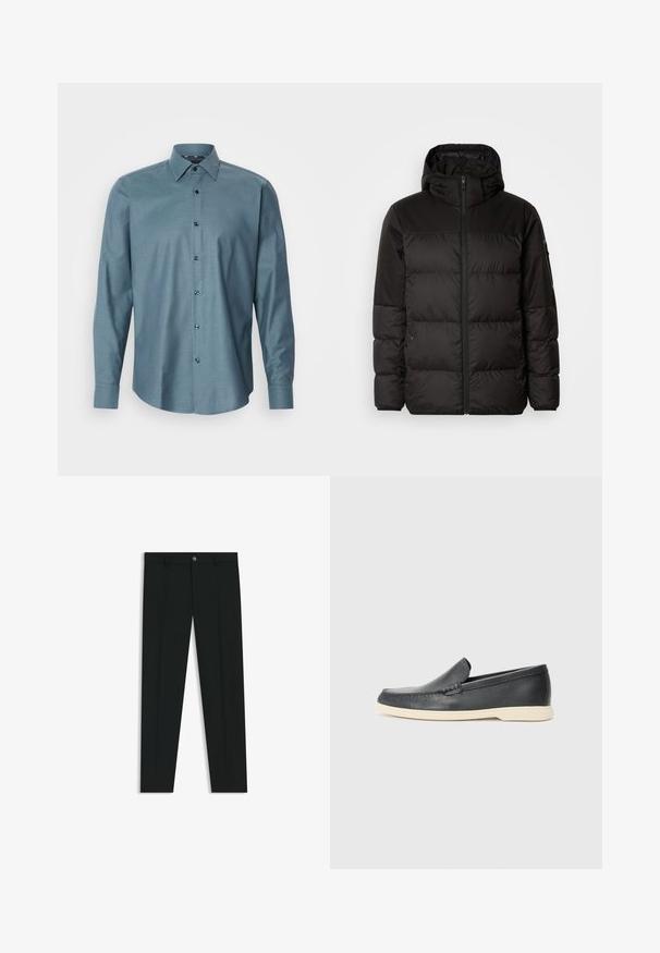 Czarna kurtka puchowa z zapięciem na zamek, kapturem, pikowanymi sekcjami i elastycznymi mankietami, wykonana z gładkiego, wodoodpornego materiału.; Koszula z długim rękawem w kolorze teal, z guzikami i teksturowanym wzorem, o spiczastym kołnierzyku oraz ciemnych guzikach. Posiada tradycyjny krój i zakrzywiony dół.; Czarne spodnie materiałowe z prostymi nogawkami, wykonane z gładkiego materiału. Posiadają zamek na guzik z przodu oraz szlufki na pasek. Gładkie, bez wzorów.; Czarne skórzane slip-ony w stylu loafers z teksturowanym wykończeniem i kontrastującą beżową gumową podeszwą. Posiadają delikatny akcent wzdłuż przodu.