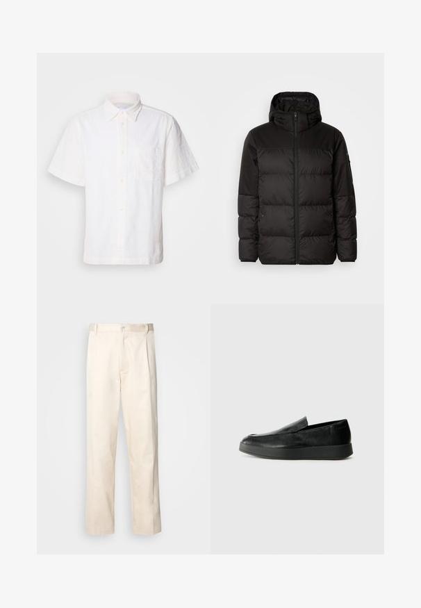 Juodas pūkinis švarkas turi užtrauktuką, gobtuvą, siūlinčius skyrius ir elastinius rankogalius, pagamintas iš lygaus, vandeniui atsparaus medžiagos.; Balta trumpa rankovė su tekstūrine ornamentika, mygtukų priekis, apykaklė ir viena krūtinės kišenė. Pagaminta iš lengvos medžiagos.; Bežinės medvilninės kelnės su tiesiu kirpimu, turinčios mygtuko uždarymą ir priekyje raukšles papildomai dekoratyviam akcentui.; Calvin Klein HYBRID CUP - Įmautiniai batai - triple black