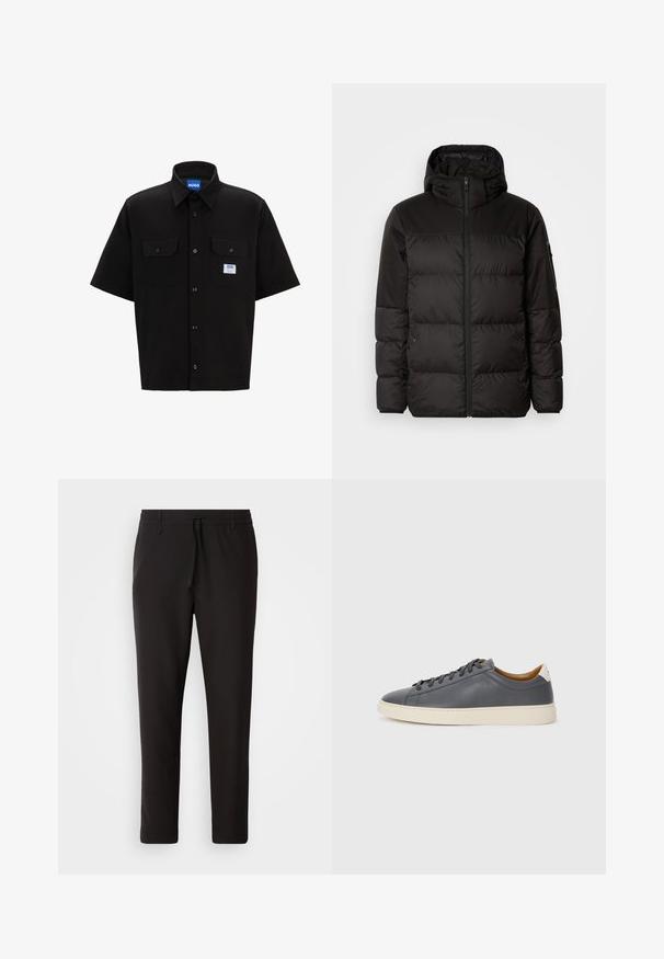 Czarna kurtka puchowa z zapięciem na zamek, kapturem, pikowanymi sekcjami i elastycznymi mankietami, wykonana z gładkiego, wodoodpornego materiału.; Czarna koszulka z krótkim rękawem, ze strukturalnym kołnierzykiem, dwoma przednimi kieszeniami, zapięciem na guziki oraz małą niebiesko-białą metką po lewej stronie.; Czarne spodnie dresowe wykonane z gładkiego materiału. Posiadają elastyczny pas ze sznurkiem, zwężane nogawki oraz brak widocznych kieszeni. Prosty design.; Szare skórzane trampki z okrągłym noskiem, gumową podeszwą, płaskimi sznurówkami i jasnymi akcentami na pięcie. Gładka tekstura i minimalistyczny design.