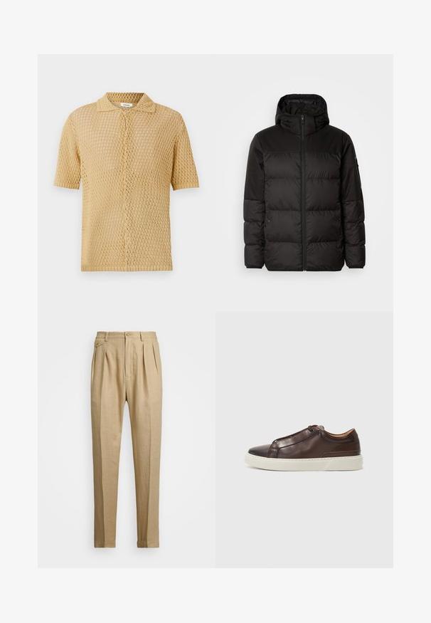 Czarna kurtka puchowa z zapięciem na zamek, kapturem, pikowanymi sekcjami i elastycznymi mankietami, wykonana z gładkiego, wodoodpornego materiału.; Koszula z krótkim rękawem, zapinana na guziki w jasnym beżu. Posiada luźny, otwarty splot z teksturowanym wzorem oraz standardowy kołnierzyk.; Beżowe lniane spodnie o prostym kroju, z dwoma fałdami z przodu, z zapięciem na guzik i kieszeniami po bokach. Teksturowana tkanina o gładkim wykończeniu.; Brązowe skórzane trampki z zaokrąglonym noskiem, kontrastującą białą gumową podeszwą, stębnowanymi akcentami i bez widocznych sznurówek. Gładka tekstura ogólna.