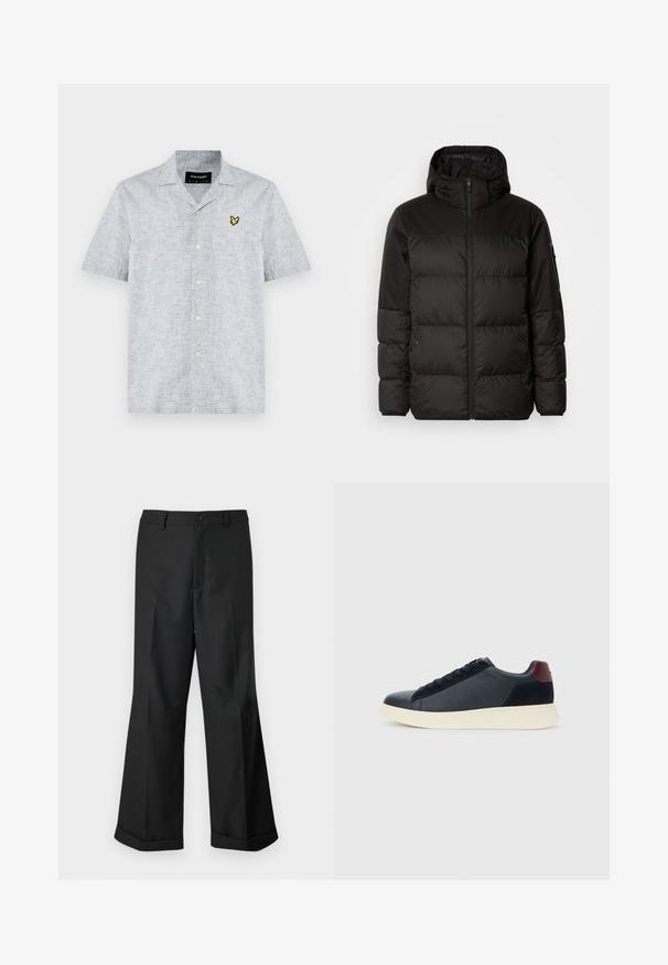 Černá péřová bunda má zipový uzávěr, kapuci, prošívané části a elastické manžety, vyrobená z hladkého, voděodolného materiálu.; Krátký rukáv, košilový límec ve světle šedé tkanině s texturovaným povrchem. Obsahuje žlutou vyšívanou aplikaci a zapínání na knoflíky.; Černé kalhoty s širokými nohavicemi, s páskem na knoflíky a zakončením nohavic do manžet, vystavené na čistém bílém pozadí.; Nízké pánské tenisky z černé kůže a semiše s vínovým patním páskem a bílou gumovou podrážkou, pohled z vnější strany.