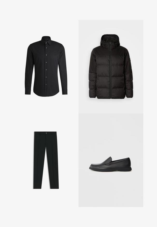 La chaqueta acolchada negra tiene un cierre de cremallera, capucha, secciones acolchadas y puños elásticos, hecha de un material suave y resistente al agua.; Camisa negra de manga larga hecha de tela suave, con un collar clásico, tapeta de botones frontal y dobladillo redondeado con botones en tono plateado.; Pantalones de vestir negros con un diseño de pierna recta, hechos de una tela suave. Cuentan con un cierre frontal de botón y lazos para cinturón. Liso, sin patrones.; Mocasín negro de cuero, sin cordones, con parte superior texturizada, punta redondeada, tacón bajo y suela de goma, mostrado en perfil lateral sobre un fondo blanco.
