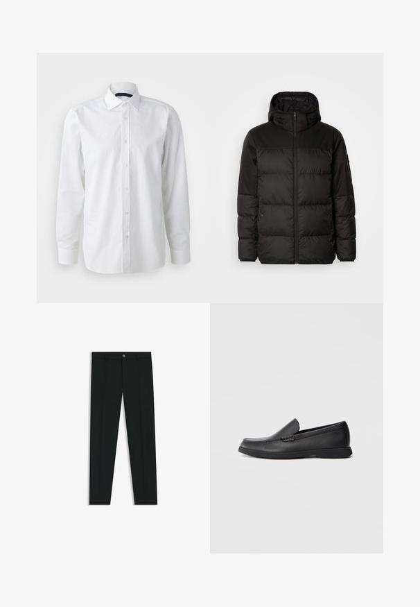 La doudoune noire est dotée d'une fermeture éclair, d'une capuche, de sections matelassées et de poignets élastiques, fabriquée à partir d'un matériau lisse et résistant à l'eau.; Chemise blanche à manches longues en coton. Présente un col classique, une fermeture à boutons sur le devant, et une texture lisse avec un léger éclat.; Pantalons noirs avec une coupe droite, fabriqués en tissu lisse. Présente une fermeture éclair à l'avant et des passants de ceinture. Unis sans motifs.; Mocassin noir en cuir à enfiler avec un dessus texturé, bout rond, talon bas et semelle en caoutchouc, présenté en profil latéral sur fond blanc.
