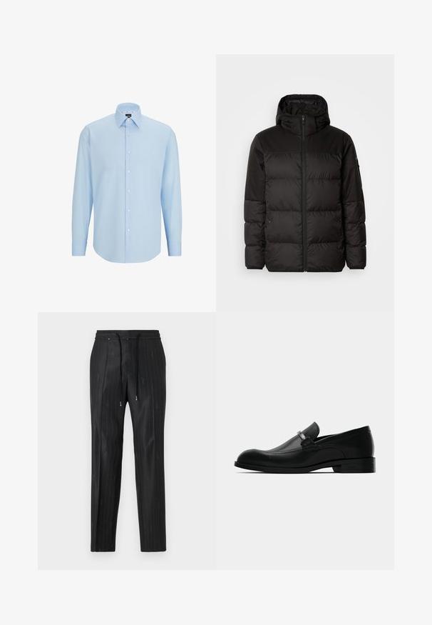 Černá péřová bunda má zipový uzávěr, kapuci, prošívané části a elastické manžety, vyrobená z hladkého, voděodolného materiálu.; Světle modrá dlouhá košile s dlouhým rukávem vyrobená z hladkého materiálu, s knoflíkovým zapínáním vpředu, špičatým límcem a klasickým střihem.; Černé kalhoty se pruhovaným vzorem vyrobené z hladkého materiálu s pohodlným elastickým páskem a akcenty na šňůrce. Obsahují decentní logo.; Černé kožené pánské mokasíny s detailem kovové spony, s nízkým podpatkem a s logem na podrážce, zobrazené z boku na bílém pozadí.