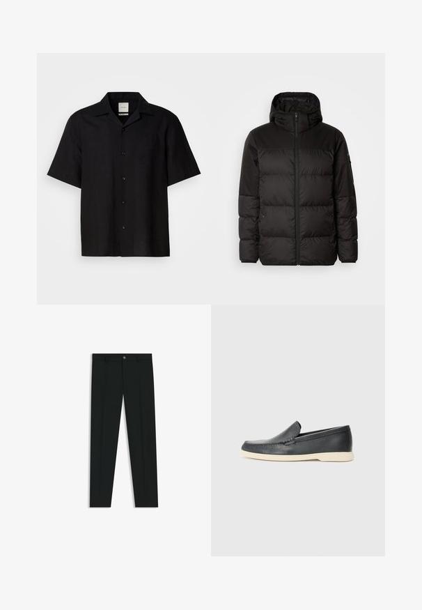 Musta puhvijakku sisältää vetoketjun, hupun, tilkuista koostuvia osioita ja joustavat hihansuut. Se on valmistettu sileästä, vedenpitävästä materiaalista.; Mustalla lyhyellä hihalla oleva paita, joka on valmistettu pellavakankaasta. Paidassa on nappi-halkio etupäässä, terävä kaulus ja sileä pinta. Ei näkyviä kuvioita tai yksityiskohtia.; Musta housut, joissa on suora lahje, valmistettu sileästä kankaasta. Edessä nappisulku ja vyölenkit. Yksinkertainen ilman kuvioita.; Mustat nahkakengät ilman nauhoja, joissa on teksturoitu pinta ja kontrastoiva beige kumipohja. Kengissä on hillitty yksityiskohta etuosassa.