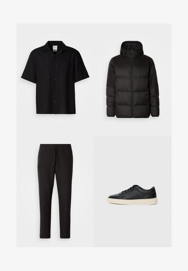 Črna zimska jakna ima zadrgo, kapuco, prešite odseke in elastične manšete, izdelana je iz gladkega, vodoodpornega materiala.; Črna srajca s kratkimi rokavi iz lanu, s prednjim gumbom, s koničastim ovratnikom in gladko teksturo. Brez izrazitih vzorcev ali okrasnih elementov.; Črne jogger hlače iz gladkega blaga. Imajo elastičen pas z vrvico, zožane hlačnice in brez vidnih žepov. Enostaven dizajn.; Črne nizke usnjene teniske s črnimi vezalkami in svetlo belo podplatom, prikazane v stranskem profilu na beli podlagi.