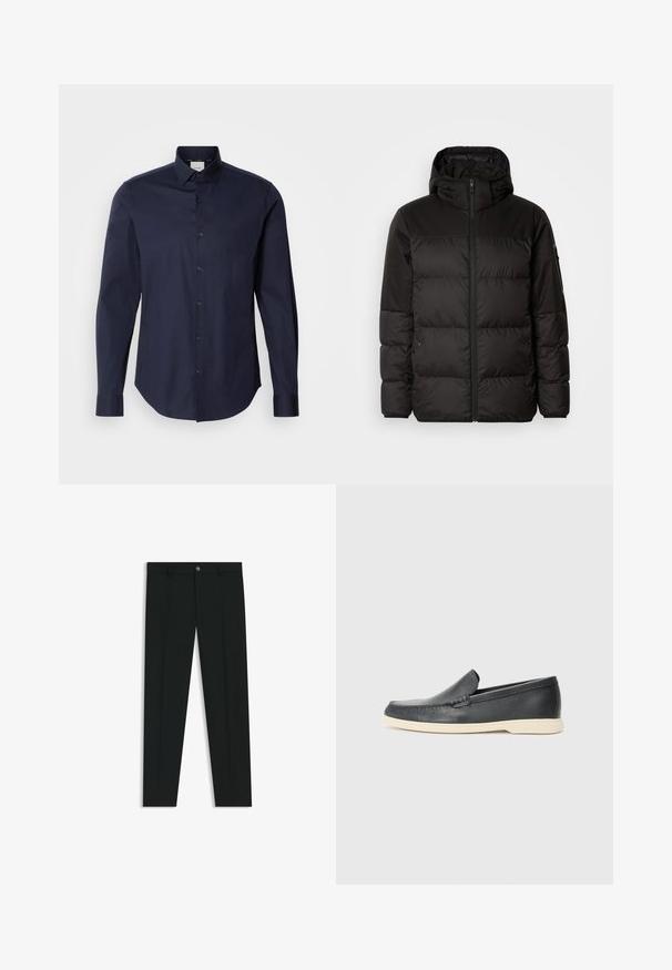 La chaqueta acolchada negra tiene un cierre de cremallera, capucha, secciones acolchadas y puños elásticos, hecha de un material suave y resistente al agua.; Camisa azul marino de botones, hecha de algodón. Presenta mangas largas, un cuello en punta y una tapeta con botones a juego. Textura suave.; Pantalones de vestir negros con un diseño de pierna recta, hechos de una tela suave. Cuentan con un cierre frontal de botón y lazos para cinturón. Liso, sin patrones.; Mocasines de piel negra sin cordones con un acabado texturizado y una suela de goma beige en contraste. Presentan un sutil acento en la parte frontal.