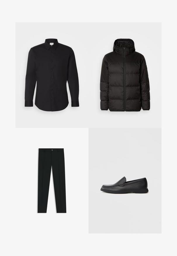 La chaqueta acolchada negra tiene un cierre de cremallera, capucha, secciones acolchadas y puños elásticos, hecha de un material suave y resistente al agua.; Camisa de manga larga negra, hecha de una tela suave, con un cuello puntiagudo, cierre frontal de botones y un logo sutil en el pecho.; Pantalones de vestir negros con un diseño de pierna recta, hechos de una tela suave. Cuentan con un cierre frontal de botón y lazos para cinturón. Liso, sin patrones.; Mocasín negro de cuero, sin cordones, con parte superior texturizada, punta redondeada, tacón bajo y suela de goma, mostrado en perfil lateral sobre un fondo blanco.