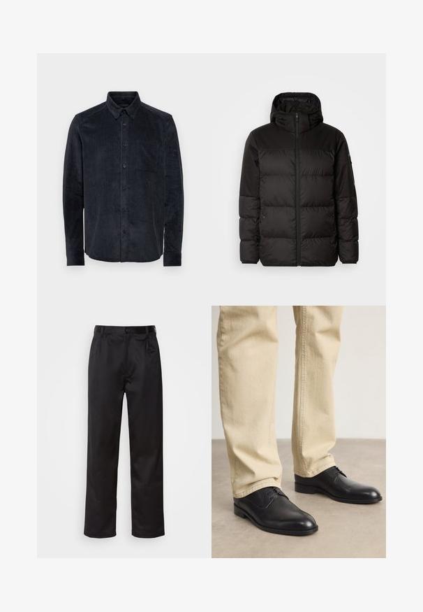 Zwarte pufferjas met ritsluiting, een capuchon, gequiltte secties en elastische manchetten, gemaakt van een glad, waterafstotend materiaal.; DRYKORN LIET - Overhemd - blue; Zwarte broek van een gladde stof, met een sluiting met een knoop aan de voorkant, plooien en rechte pijpen. Geen zichtbare patronen of accenten.; Zwarte leren veterschoenen met een ronde neus, een gladde afwerking en subtiele stikdetails, gedragen met lichtbeige broeken.