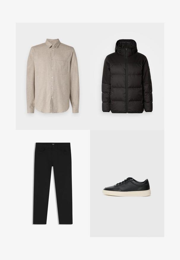 La doudoune noire est dotée d'une fermeture éclair, d'une capuche, de sections matelassées et de poignets élastiques, fabriquée à partir d'un matériau lisse et résistant à l'eau.; Chemise beige à manches longues avec boutons en tissu texturé, col pointu, poche avant et ourlet arrondi. Boutons de couleur claire.; Pantalons en denim noir à coupe droite, avec une taille standard, cinq poches et une fermeture à bouton. Texture lisse sur toute la surface.; Baskets en cuir noires à tiges basses avec lacets noirs et semelle ivoire, présentées en profil latéral sur fond blanc.