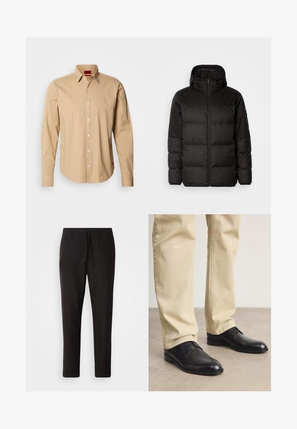 Mustikas puffer-jakk sisaldab tõmblukku, kapuutsi, tikandiga osi ja elastseid mansette, valmistatud siledast veekindlast materjalist.; Beež pikkade varrukatega särk, mis on valmistatud puuvillast, millel on nööpidega krae, ees nööpide rida ja punane logo silt küljel. Sujuv tekstuur.; Mustad jogger-püksid, mis on valmistatud siledast kangast. Omavad elastset pihaotsikut koos paelaga, kitsenevaid jalaosi ja nähtamatuid taskuid. Lihtne disain.; Mustad musta nahast nööriga kengad, millel on ümmargune nina, sile viimistlus ja peened õmblusdetailid, kantud heledate beezide pükstega.