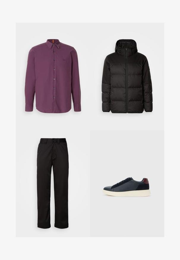 Geacă puffer neagră cu închidere cu fermoar, glugă, secțiuni quilted și manșete elastice, realizată dintr-un material neted, rezistent la apă.; Cămașă cu mâneci lungi, cu nasturi, dintr-un material violet intens. Prezintă un guler clasic, nasturi negri și un logo brodat subtil pe piept.; Pantaloni negri dintr-un material neted, cu fermoar la brâu, închidere cu nasture și mansete rulate pentru un design casual.; Sneakeruri pentru bărbați, cu talpă joasă, din piele neagră și suede, cu tab cuum maron și talpă din cauciuc alb, văzute din partea exterioară.